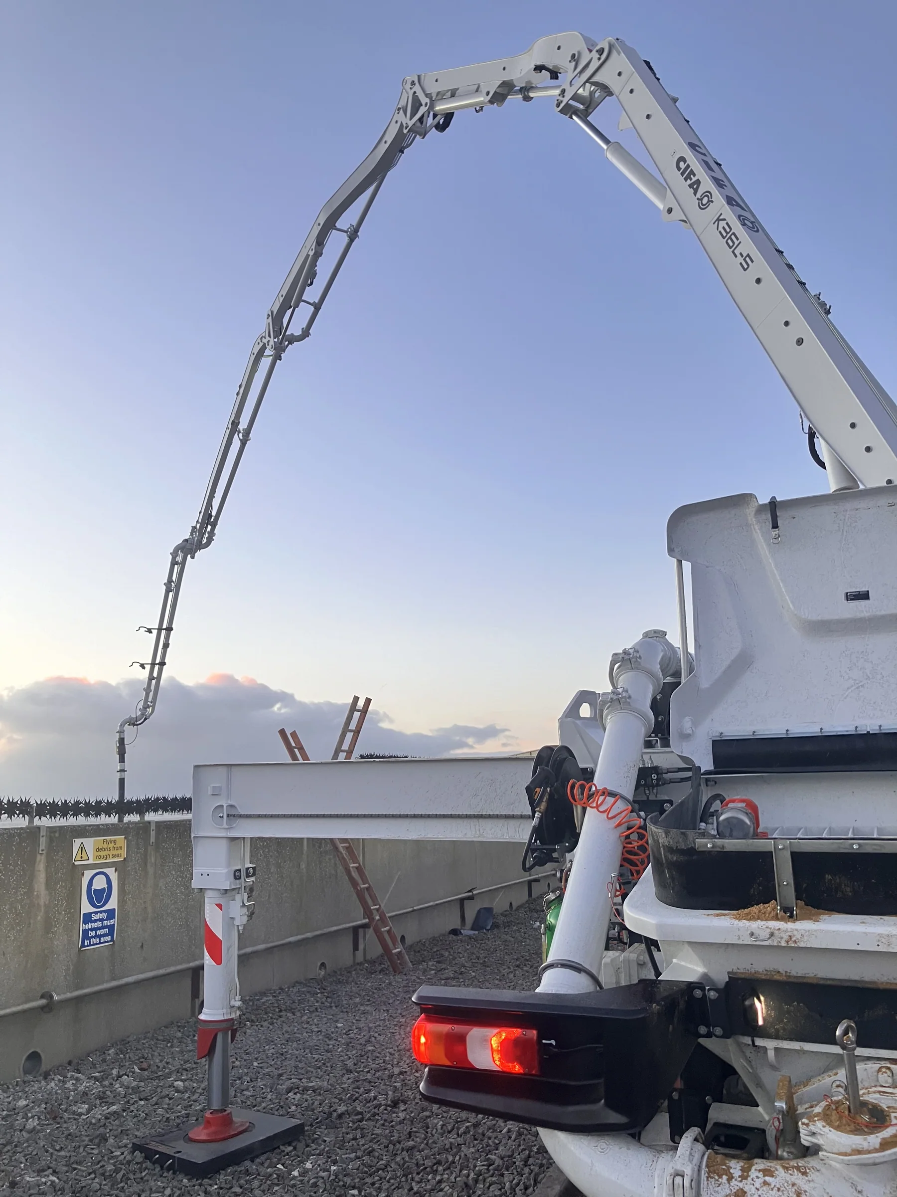 Bailey Concrete Pumping 36m CIFA boom pump set up beside the sea wall at Port of Sunderland